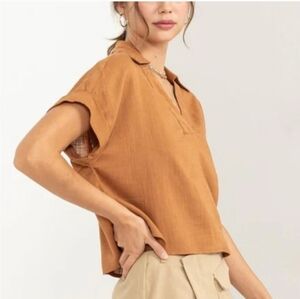 Banana Republic Short Sleeve Linen Pop Over Top Size L Workwear Brown